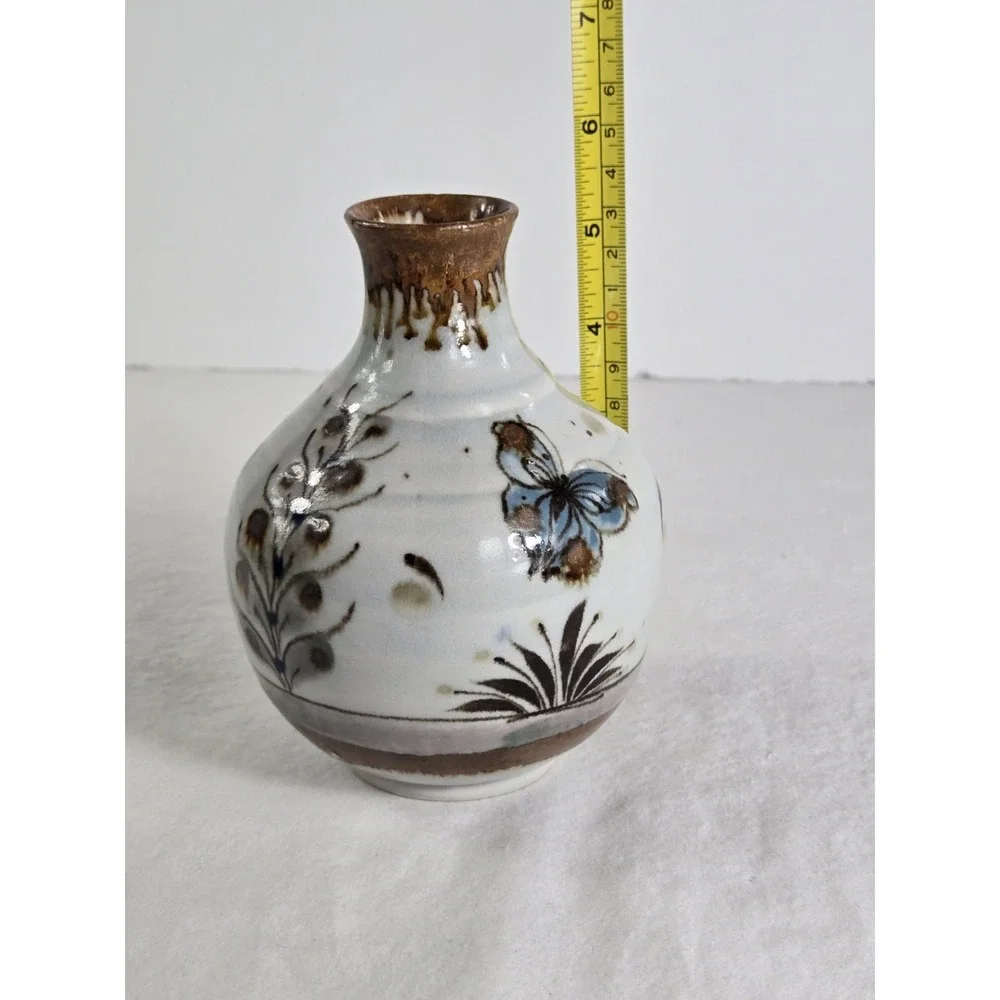 Vintage Ken Edwards Pottery Vase Tonala Butterfly Flowers Bunny Rabbit Sign 5.5